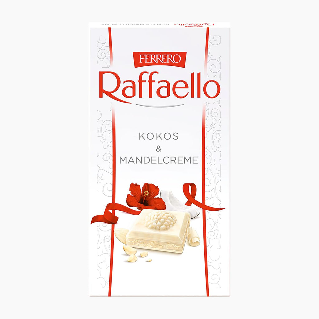 Raffaello Coconut & Almond Cream white chocolate bar packaging, featuring a white background with red branding, a red flower, and an illustration of a chocolate piece with white chocolate flakes.