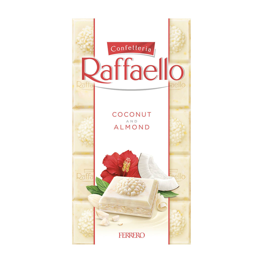 Packaging of Raffaello White Chocolate Bar with almond, showing the product name, brand logo, and an image of the bar with white chocolate, almond pieces, and coconut flakes.