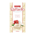 Packaging of Raffaello White Chocolate Bar with almond, showing the product name, brand logo, and an image of the bar with white chocolate, almond pieces, and coconut flakes.