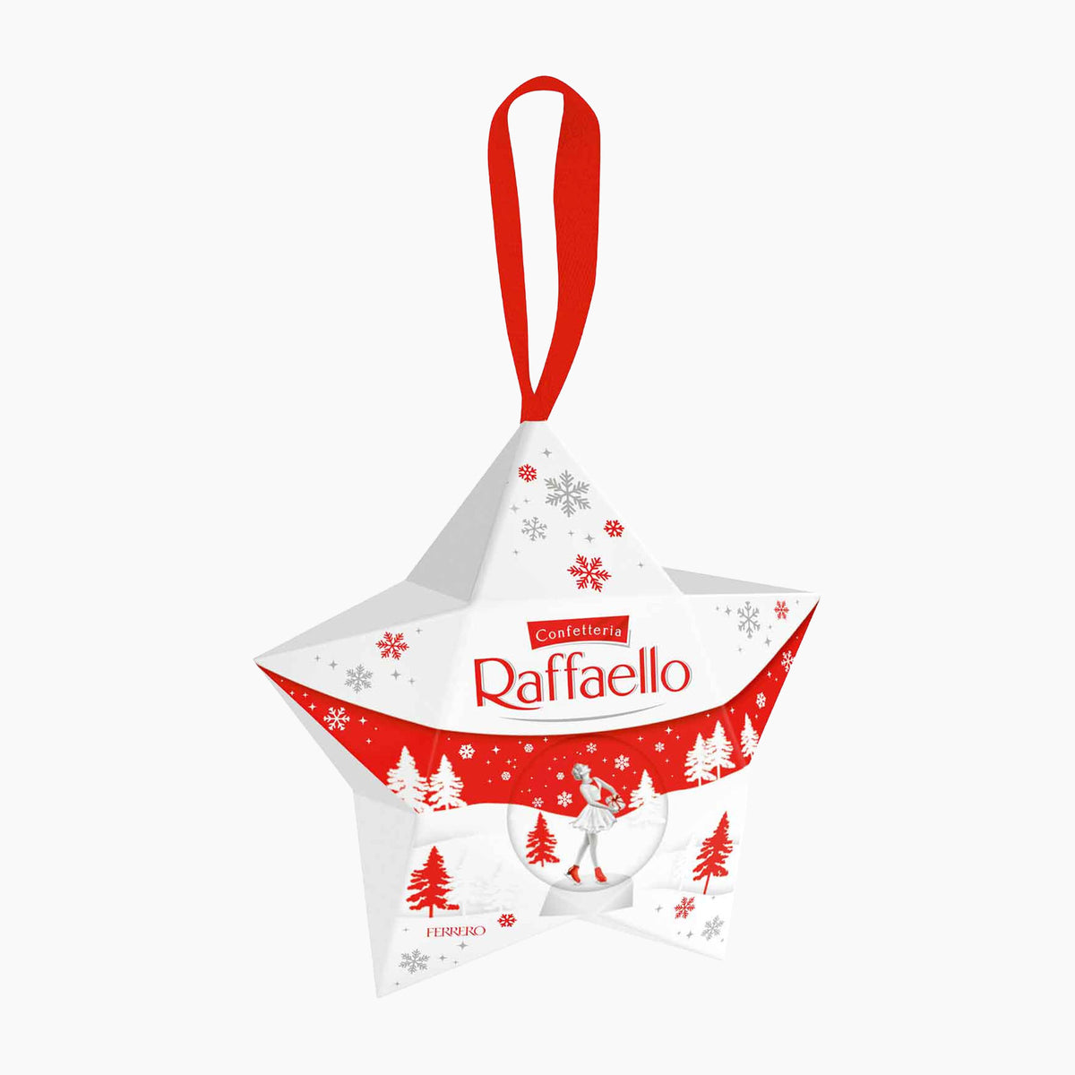 Raffaello Little Star Christmas ornament shaped like a star, featuring a red hanging loop, red and white winter-themed printed design with snowflakes and pine trees, and a small Ferrero praline visible inside.
