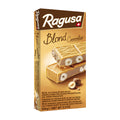 Packaging of Ragusa Blond white chocolate bar with images of the chocolate bar and whole hazelnuts on the front.