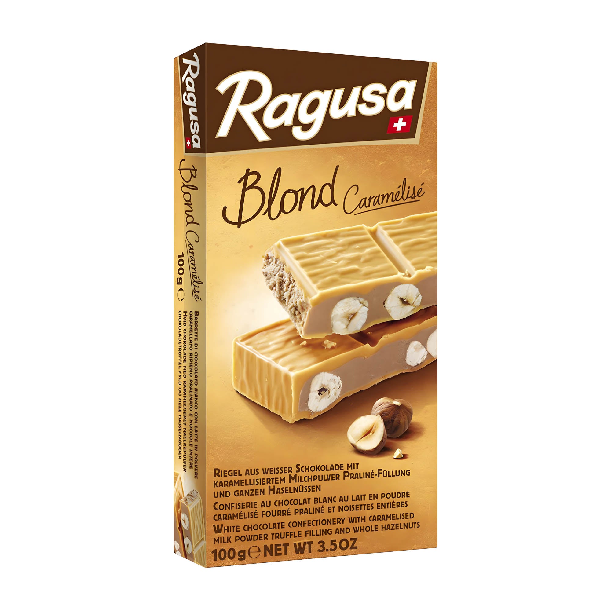 Packaging of Ragusa Blond white chocolate bar with images of the chocolate bar and whole hazelnuts on the front.