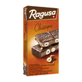 Packaging of Ragusa Classique chocolate bar showing the product name and images of the chocolate bar with whole hazelnuts and praline cream.