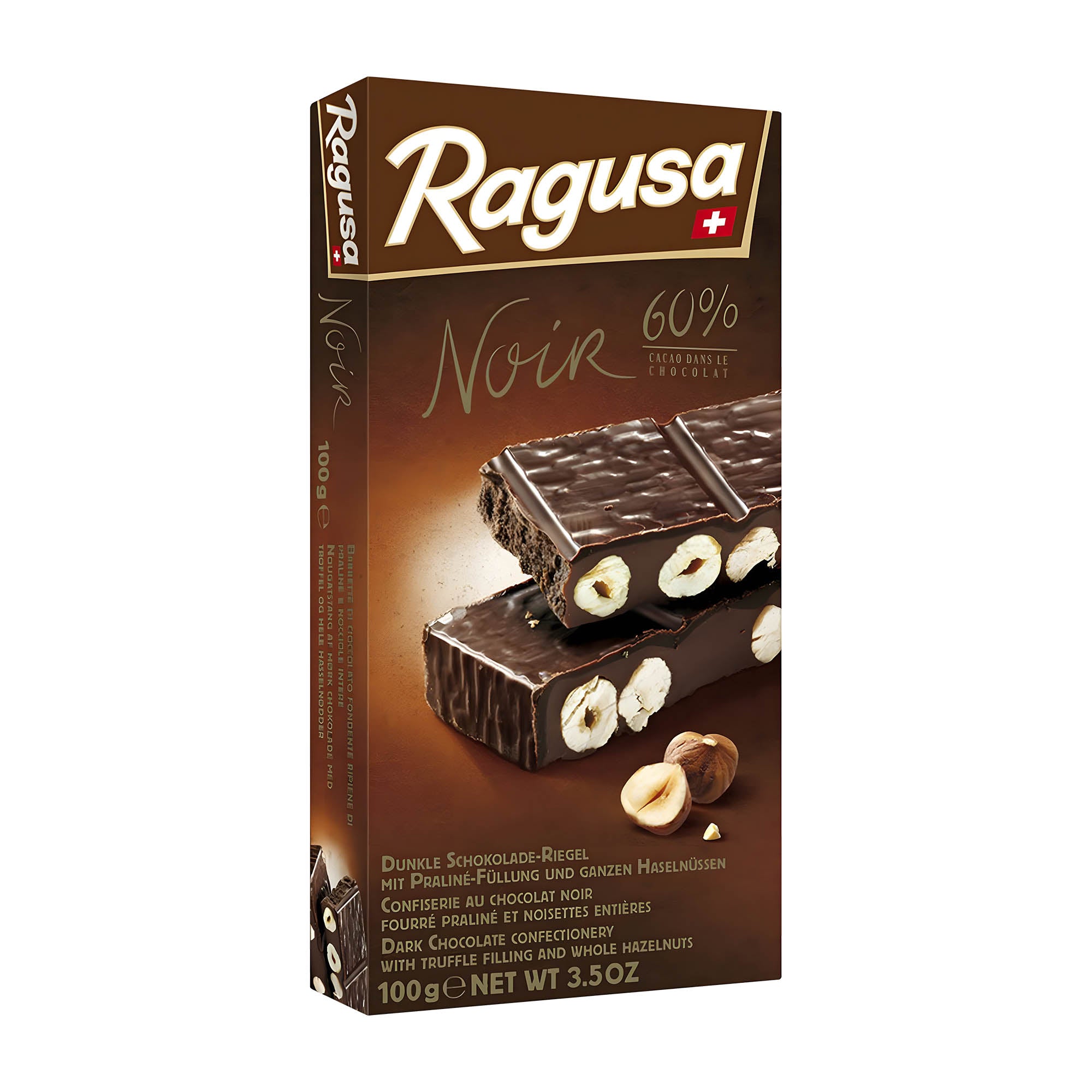 Packaging of Ragusa Noir dark chocolate bar with 60% cocoa, showing the chocolate bars with hazelnuts and the text 'Noir 60% Cacao' on the front.