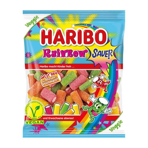 Haribo Rainbow Sour gummy candy packaging on a white background.