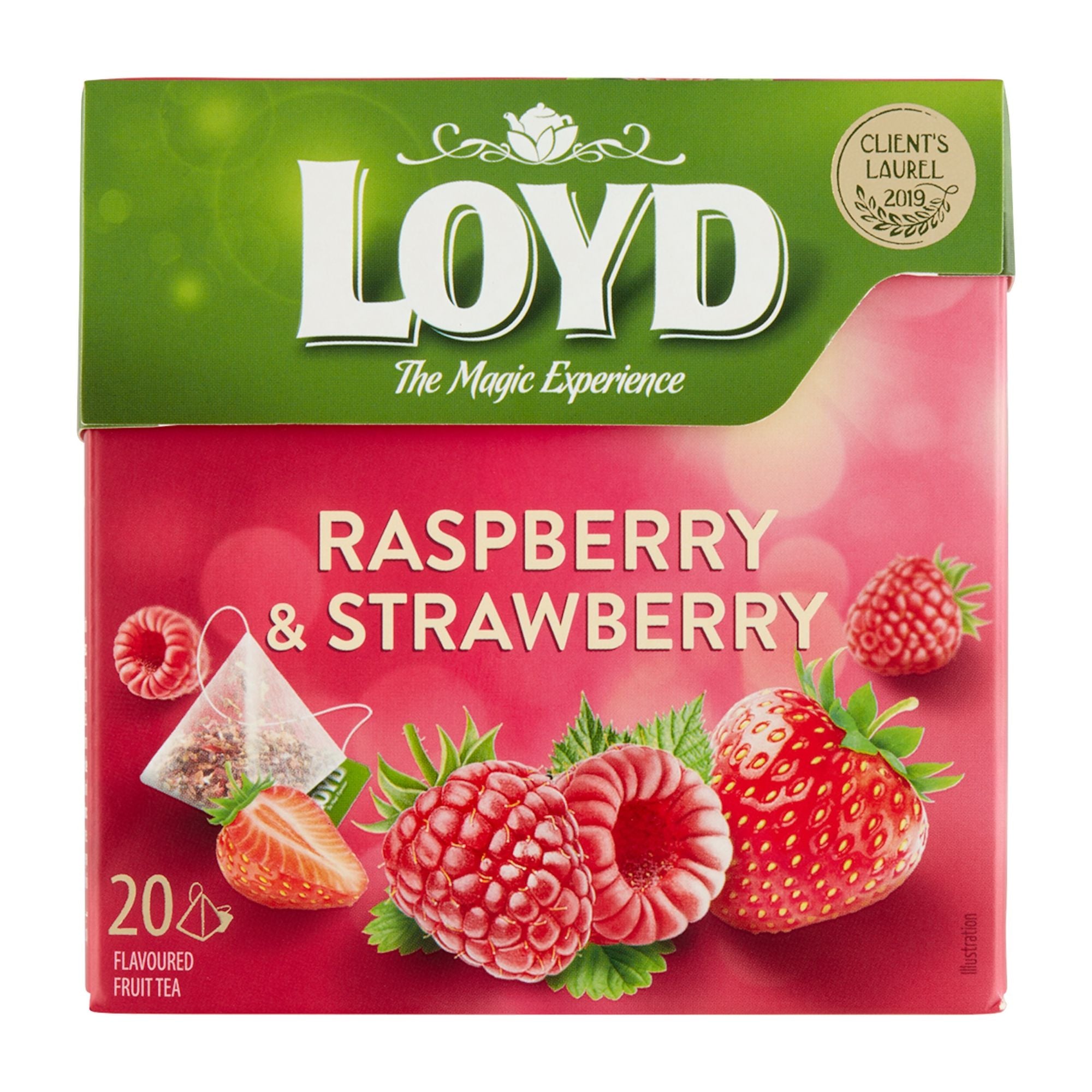 Packaging of Loyd Raspberry & Strawberry Fruit Tea with images of raspberries and strawberries on the front, indicating the flavor of the tea.