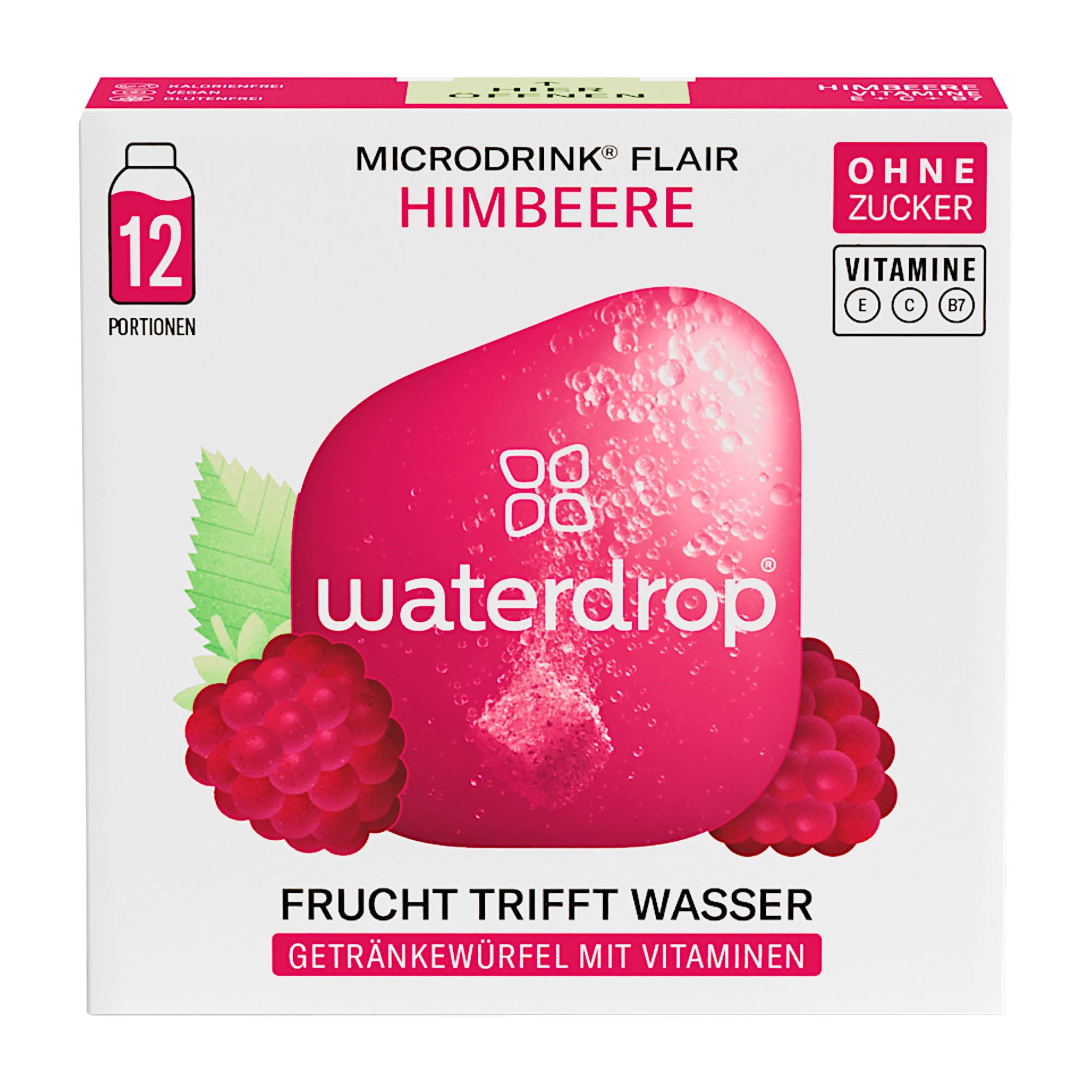 Packaging of waterdrop Microdrink Flair raspberry hydration cubes featuring an image of a raspberry and the product's description.