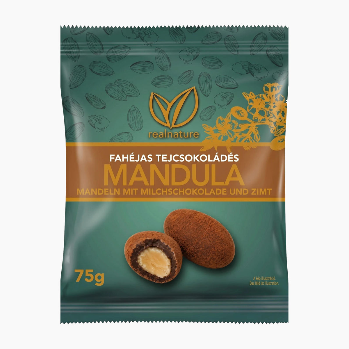 Realnature Almonds with Milk Chocolate & Cinnamon packaging on a light gray background.