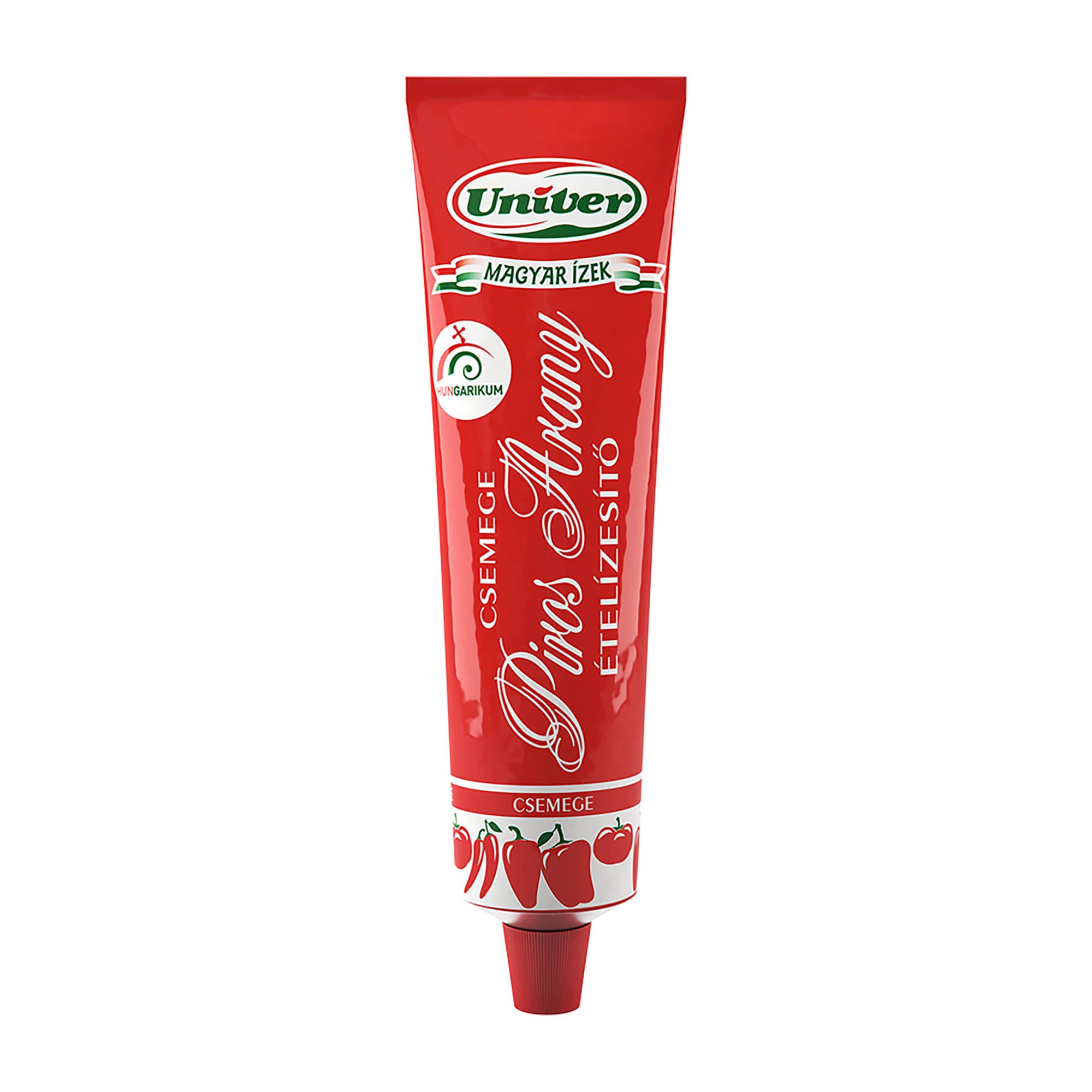 A tube of Univer Red Gold Mild Seasoning Paprika Cream with a red background and images of paprika and peppers.