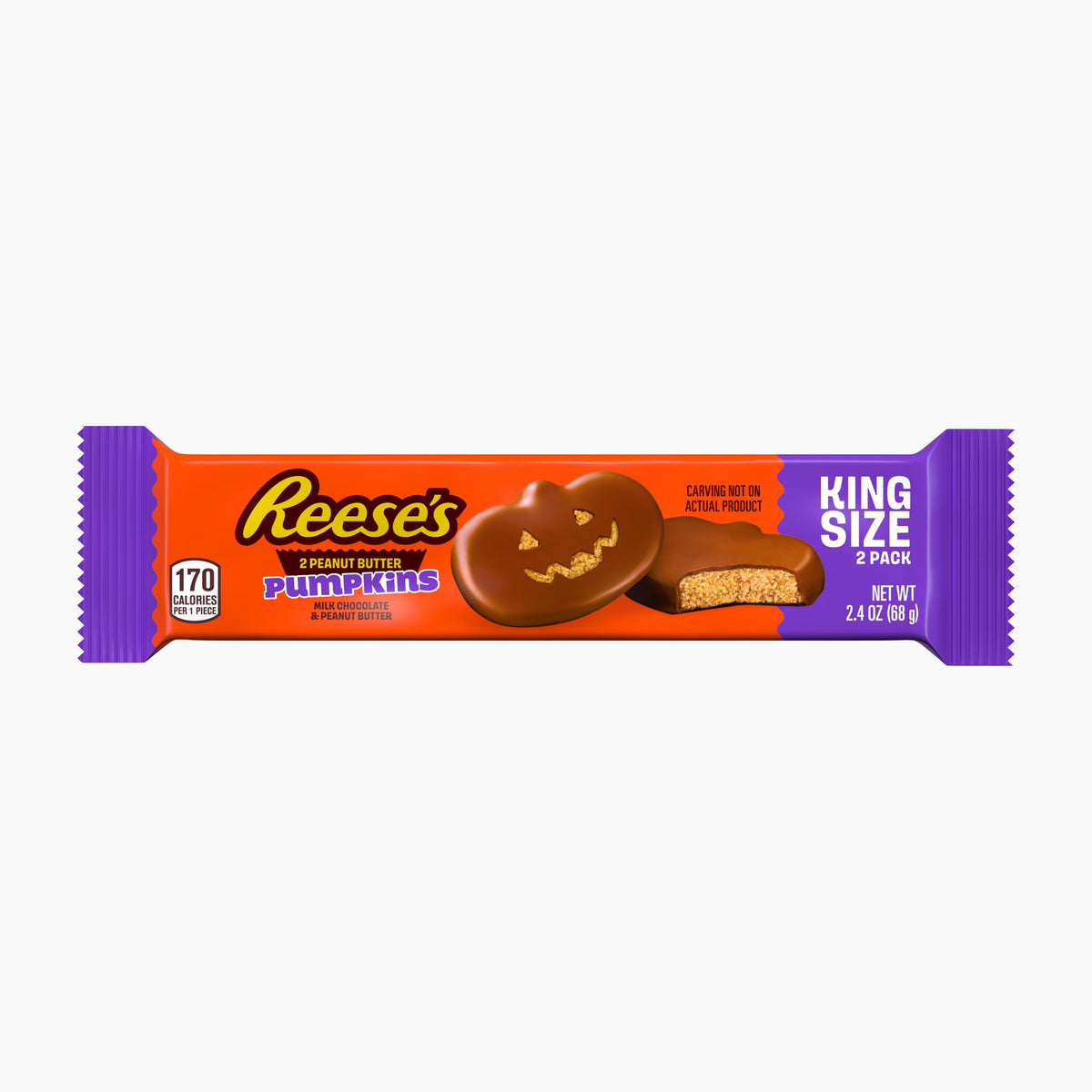 Reese's Peanut Butter Pumpkins King Size 2 Pack candy bar in its signature orange and purple wrapper, featuring a jack-o'-lantern-shaped chocolate cookie and a peanut butter cup.