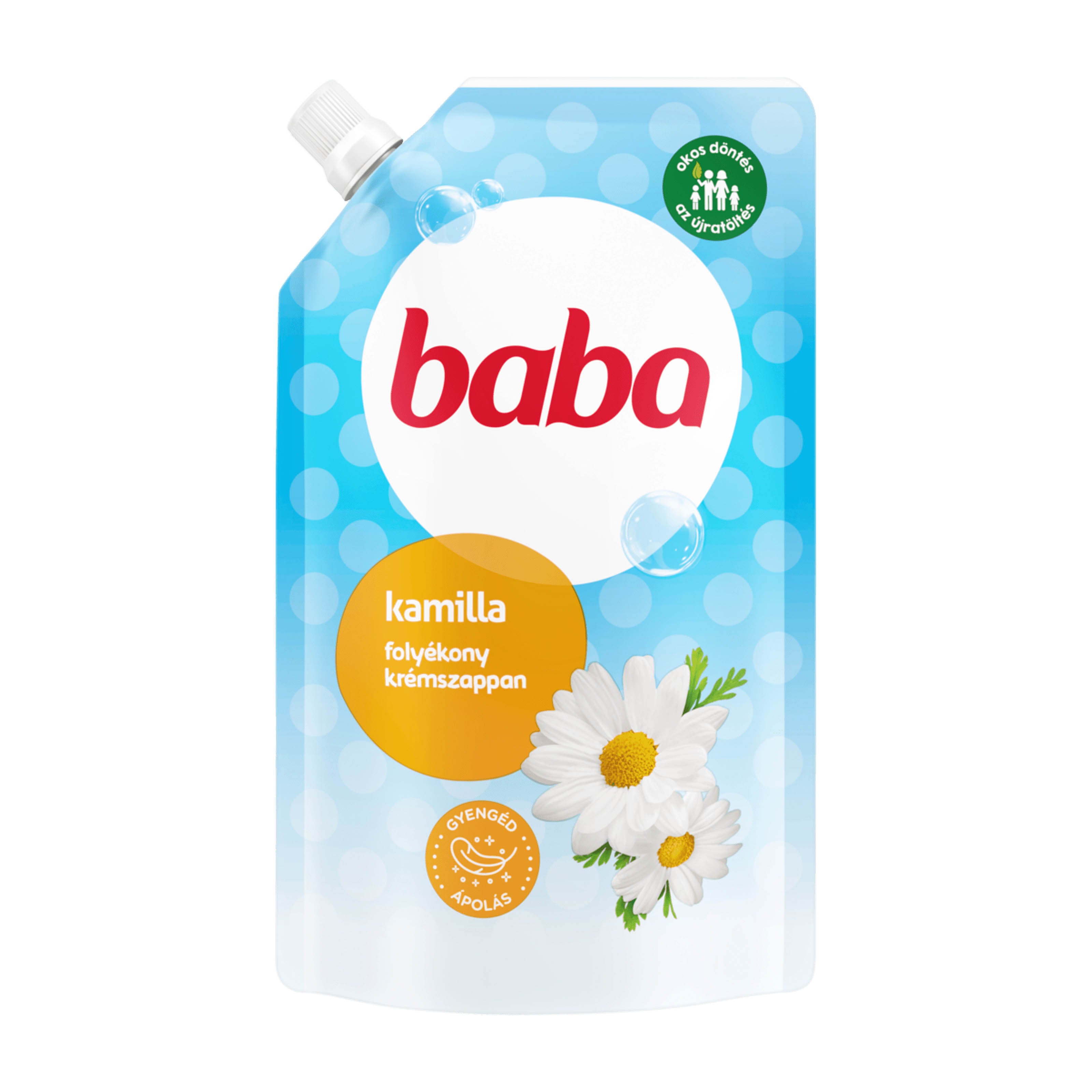 Baba Chamomile liquid cream soap refill packaging with a chamomile flower on a white background