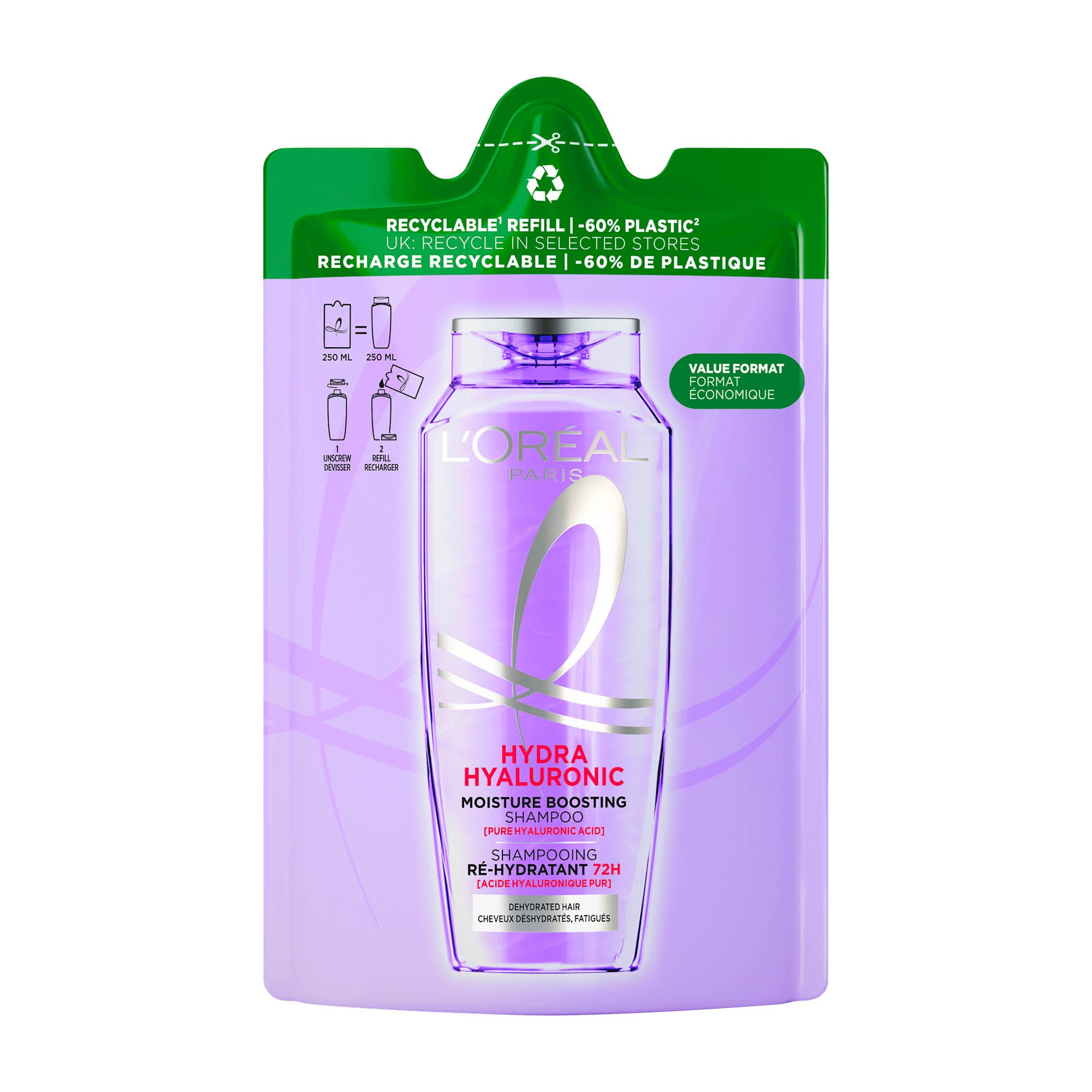 Loreal Paris Hydra Hyaluronic Feuchtigkeitsspendendes Shampoo, Nachfüllpackung, 250 ml