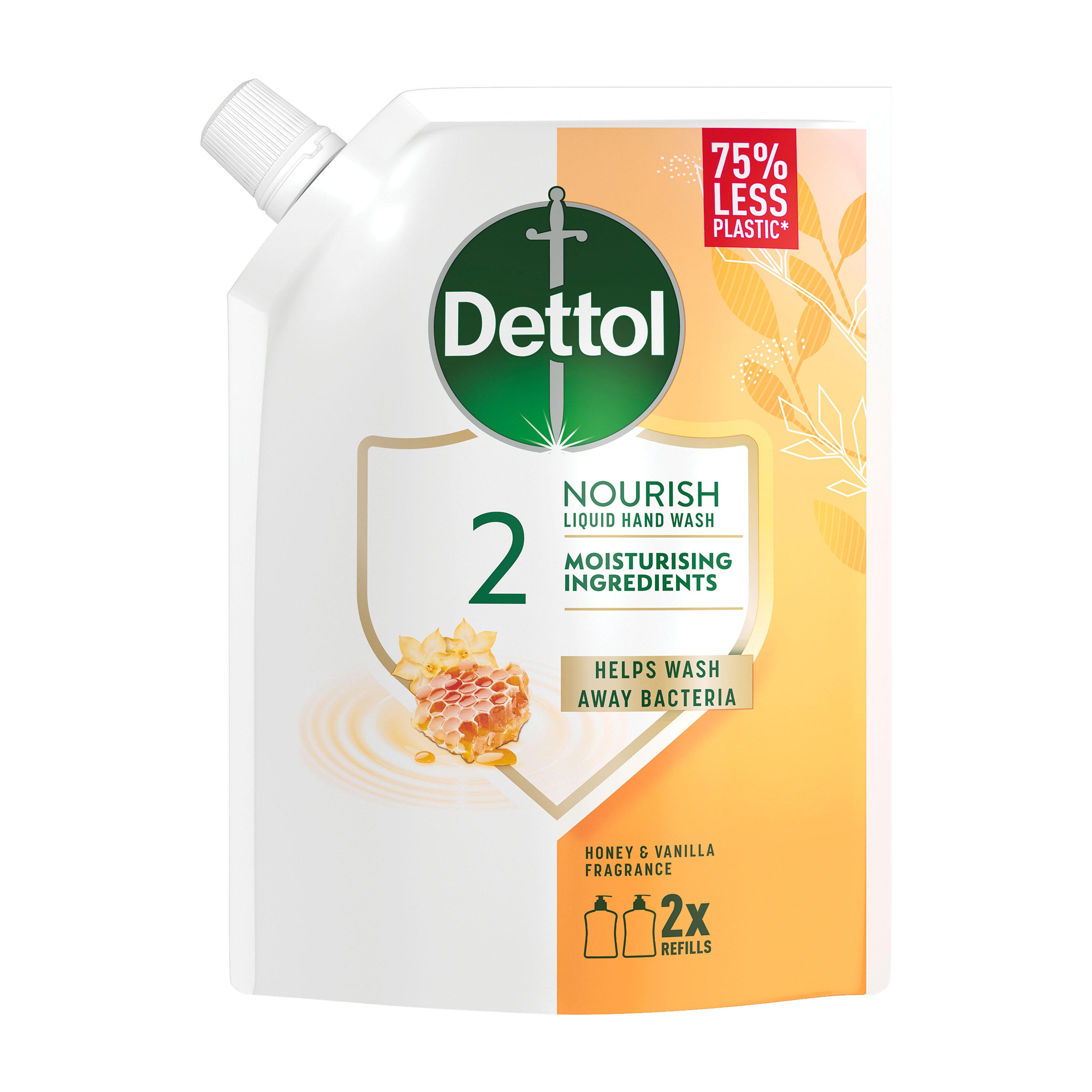Dettol Nourish liquid hand wash refill packaging with honey and vanilla fragrance on a white background