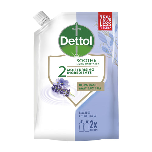 Dettol Soothe liquid hand wash refill packaging with lavender and violet elements on a white background