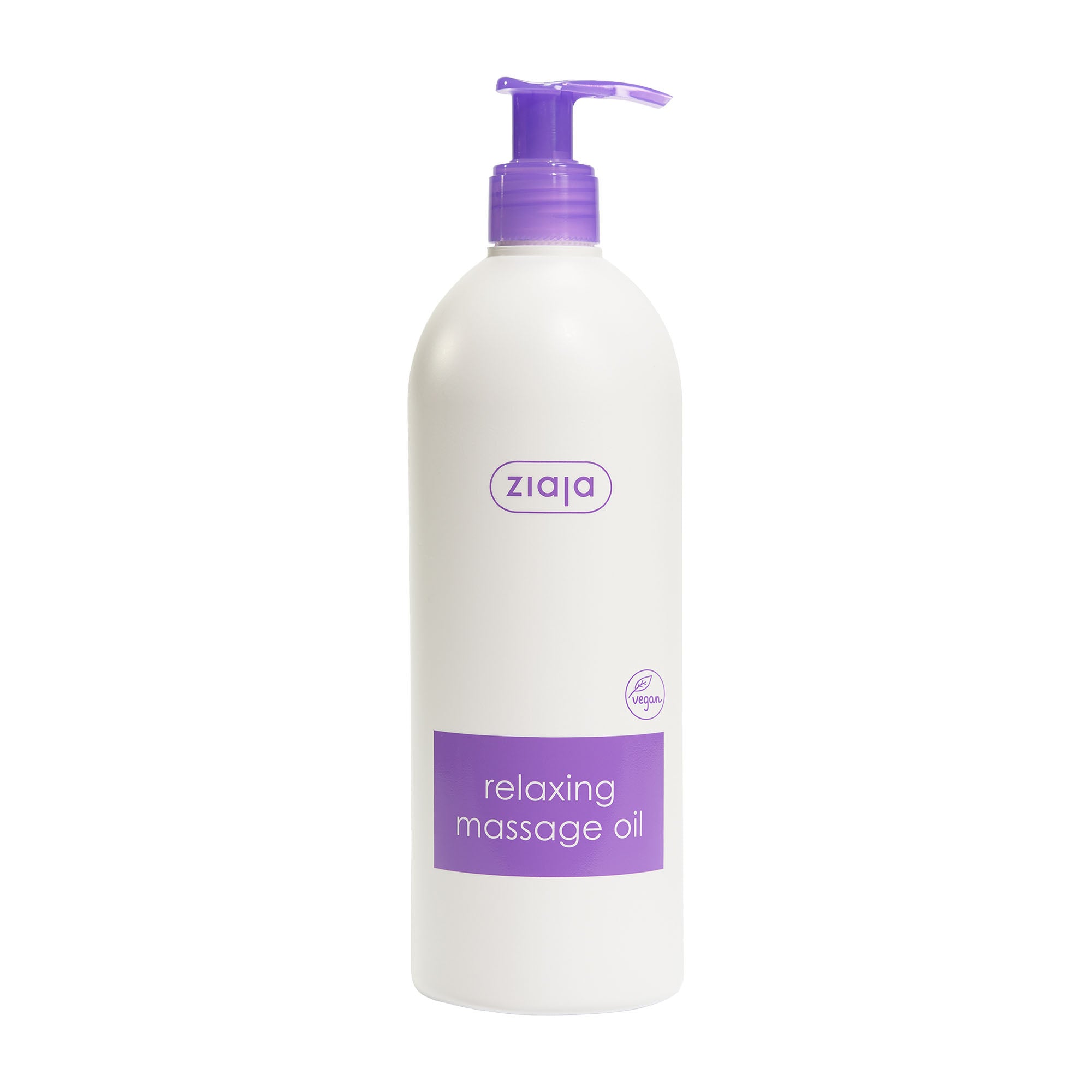 Bottle of Ziaja Relaxing Massage Oil with purple pump and label on a white background