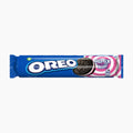 Oreo Remix Raspberry & Vanilla Flavour sandwich cookies on a plain white background. The packaging is predominantly blue with the white and blue Oreo logo, a photo of a cookie, and pink accents on the right side.