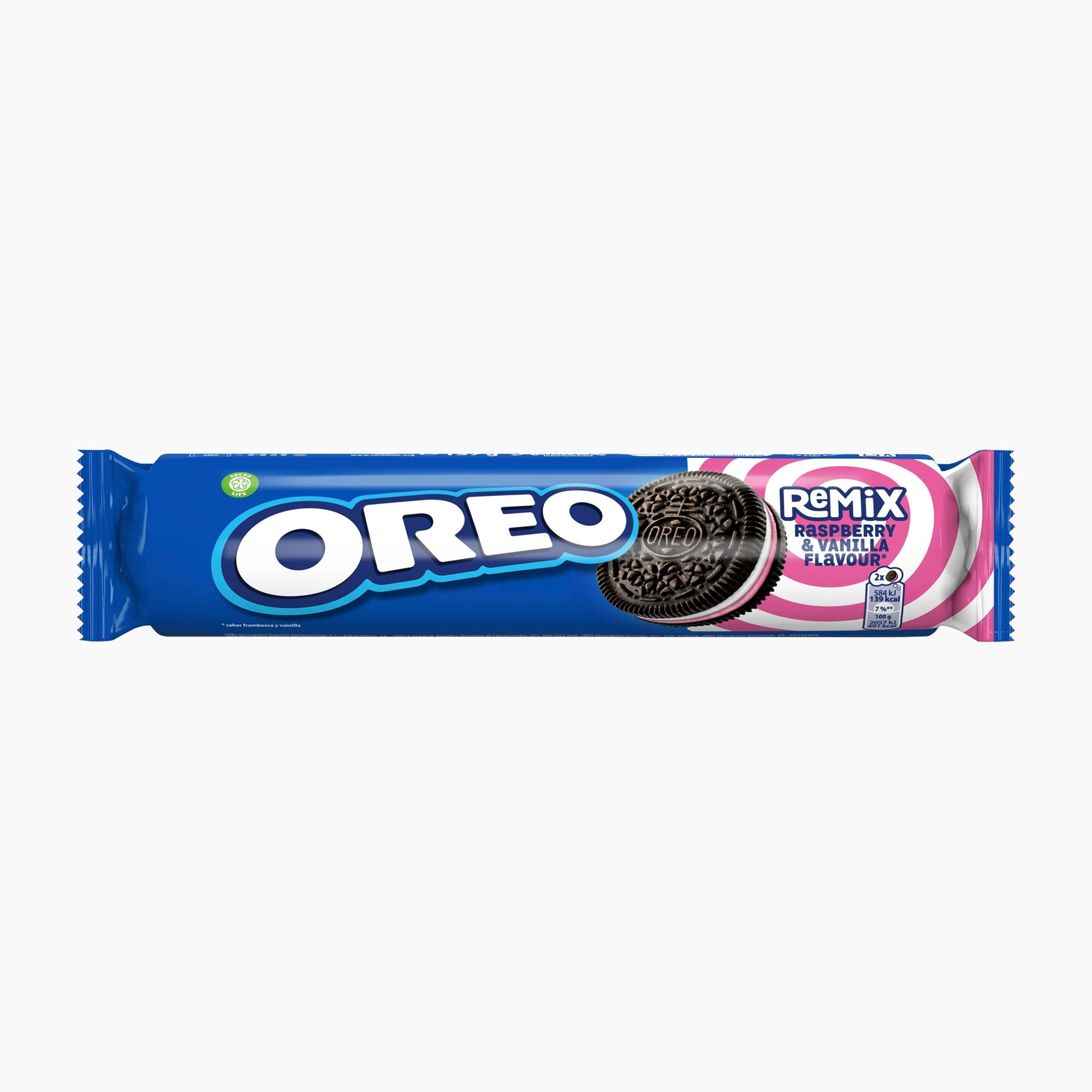 Oreo Remix Raspberry & Vanilla Flavour sandwich cookies on a plain white background. The packaging is predominantly blue with the white and blue Oreo logo, a photo of a cookie, and pink accents on the right side.