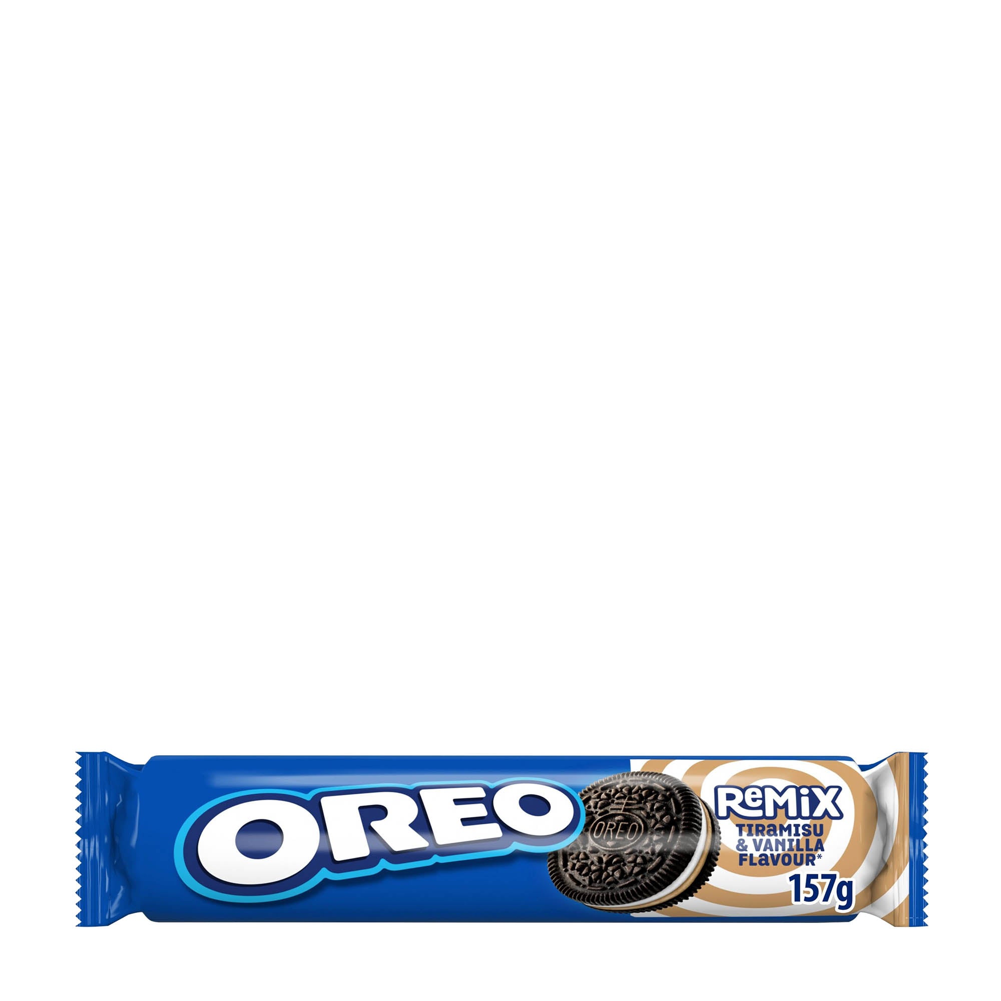 Packaging of Oreo Remix Tiramisu & Vanilla sandwich cookies, showing the cookies and the brand's branding on the package.