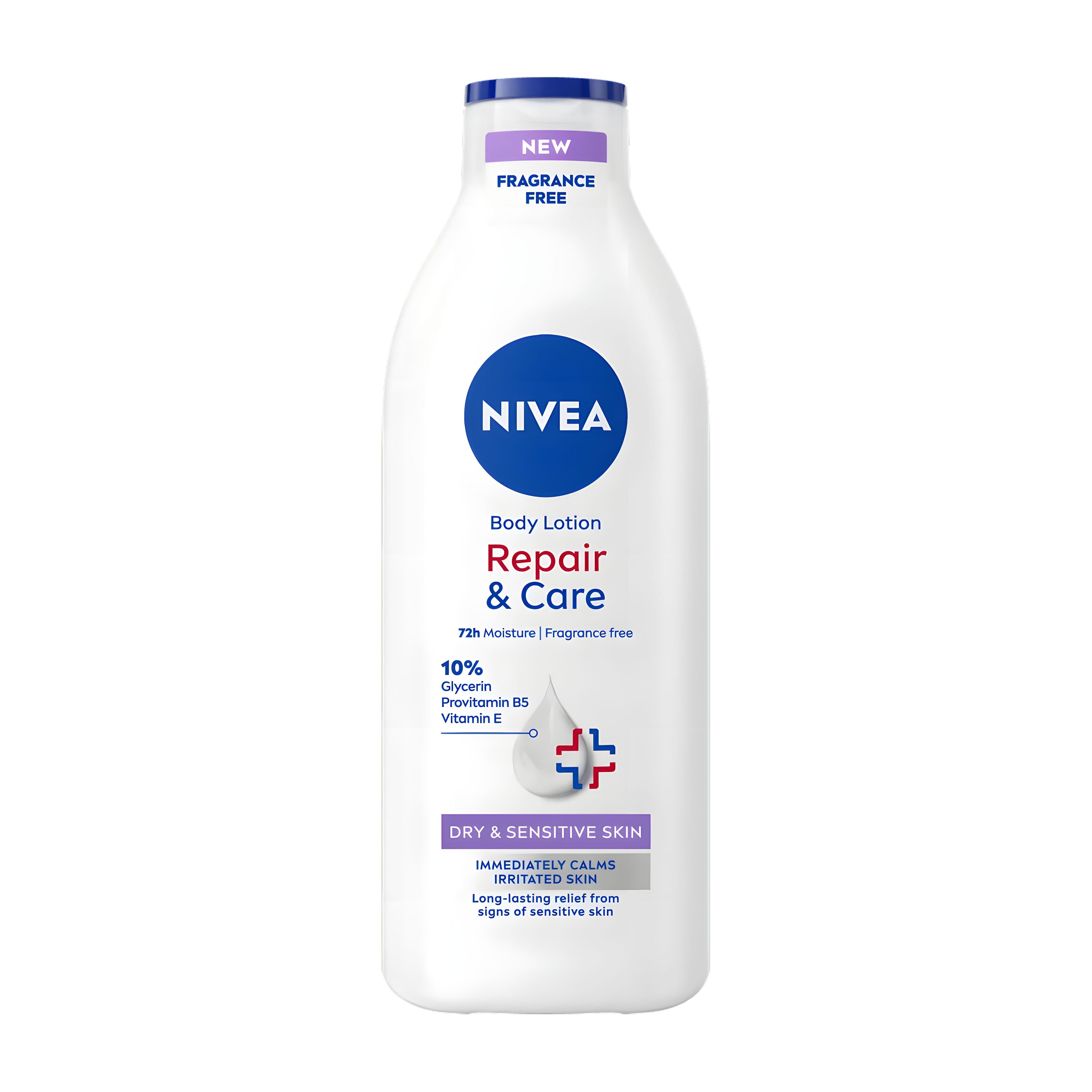 Nivea Repair & Care fragrance-free body lotion bottle on a white background