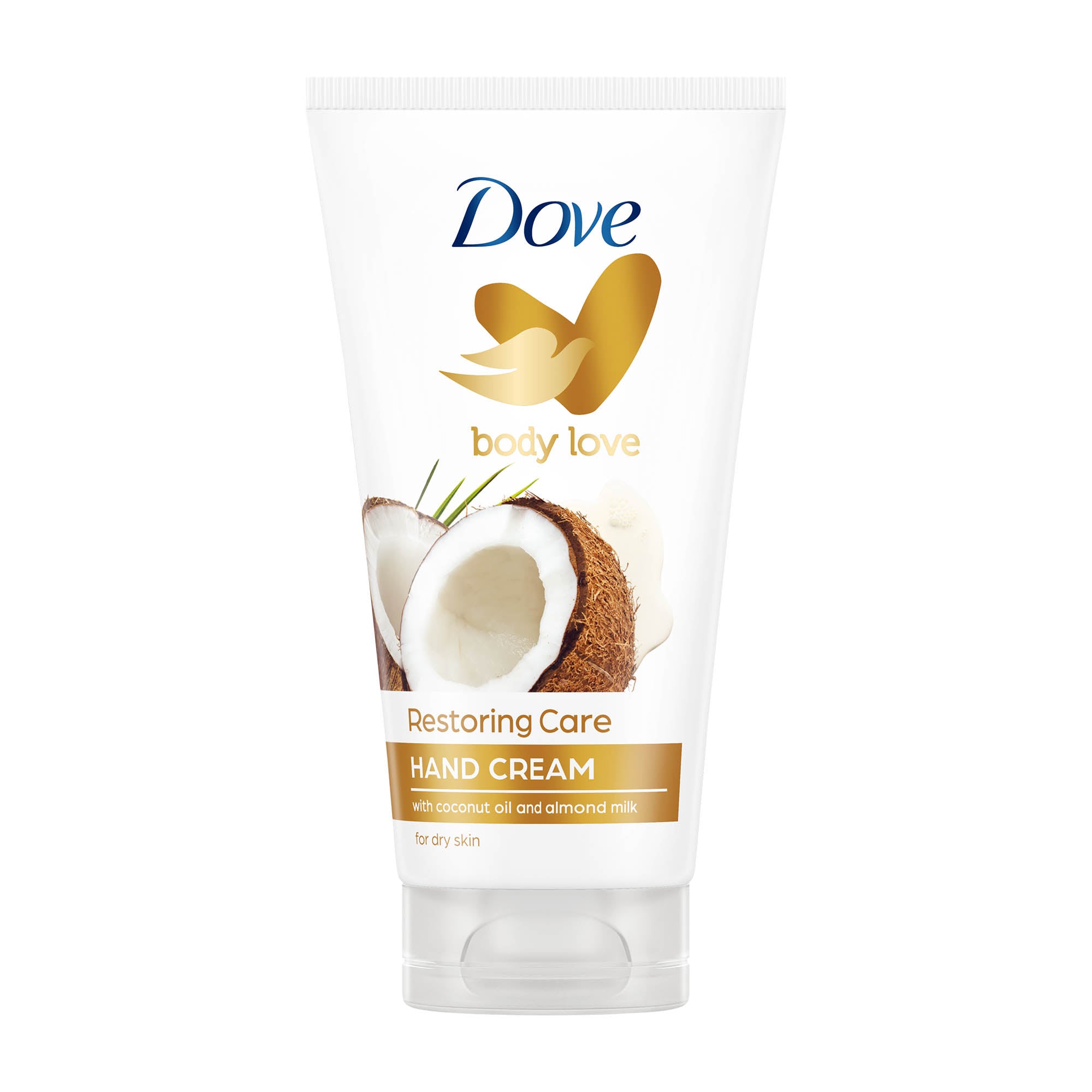 A tube of Dove Restoring Care Hand Cream with a coconut image and the brand's logo.