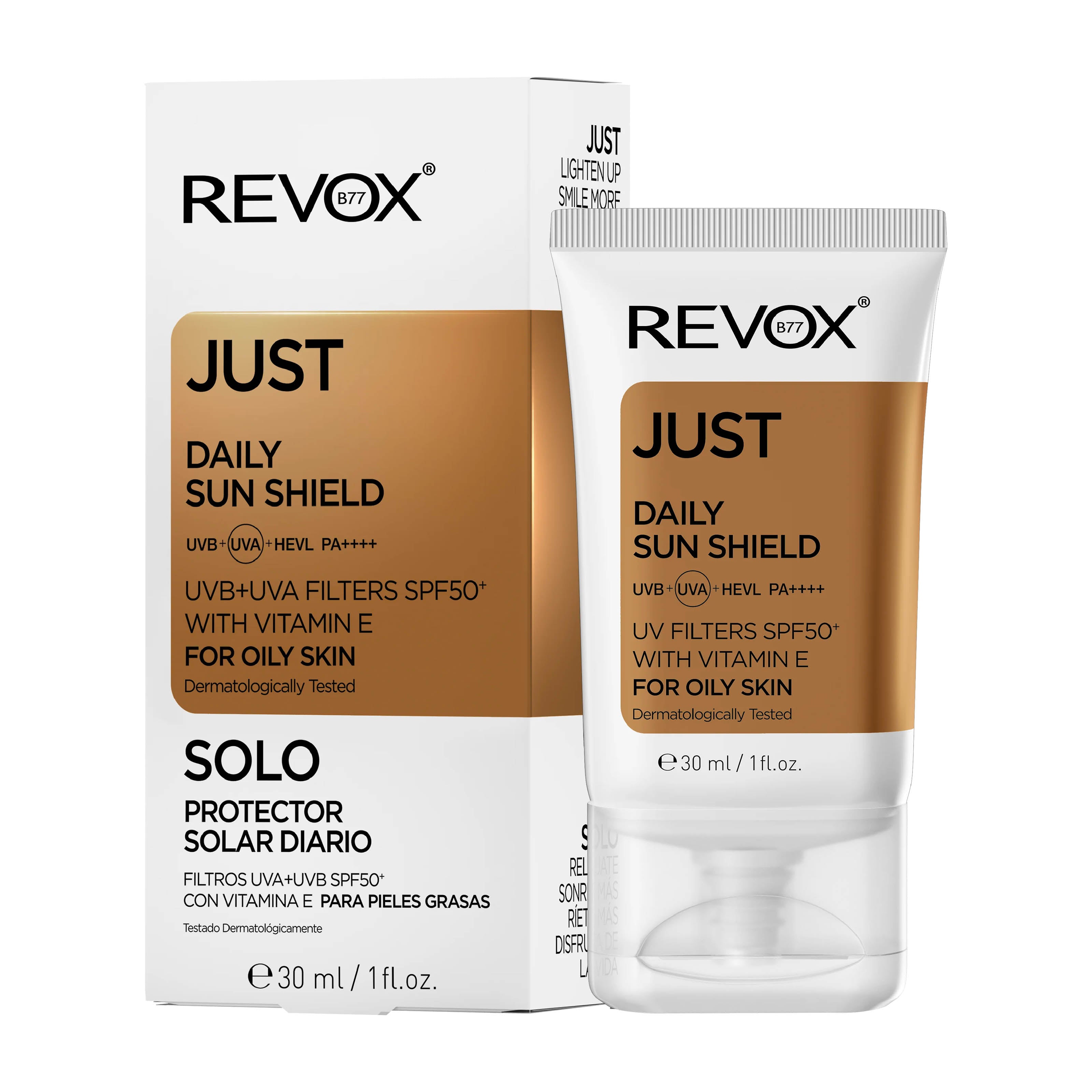 Revox B77 Just Daily Sun Shield for Oily Skin packaging and tube on a white background