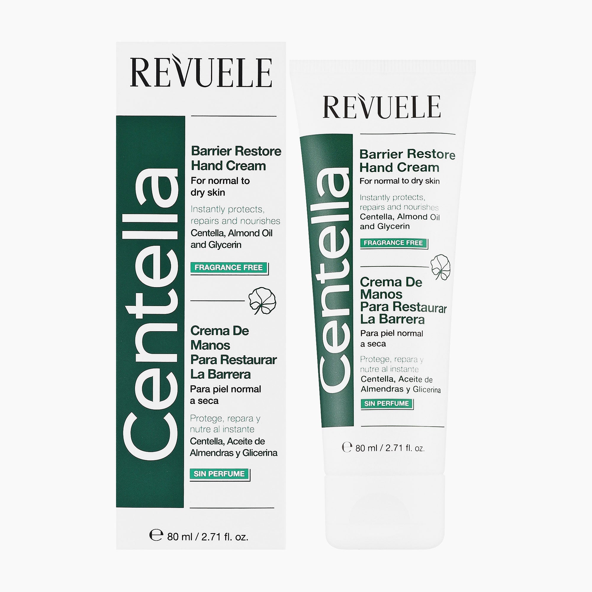 Revuele Centella Barrier Restore Hand Cream tube and packaging on a light gray background.