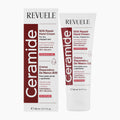 Revuele Ceramide SOS Repair Hand Cream shown in its white and dark red packaging box alongside the white squeeze tube of cream.