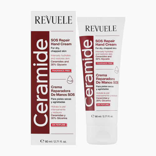 Revuele Ceramide SOS Repair Hand Cream shown in its white and dark red packaging box alongside the white squeeze tube of cream.
