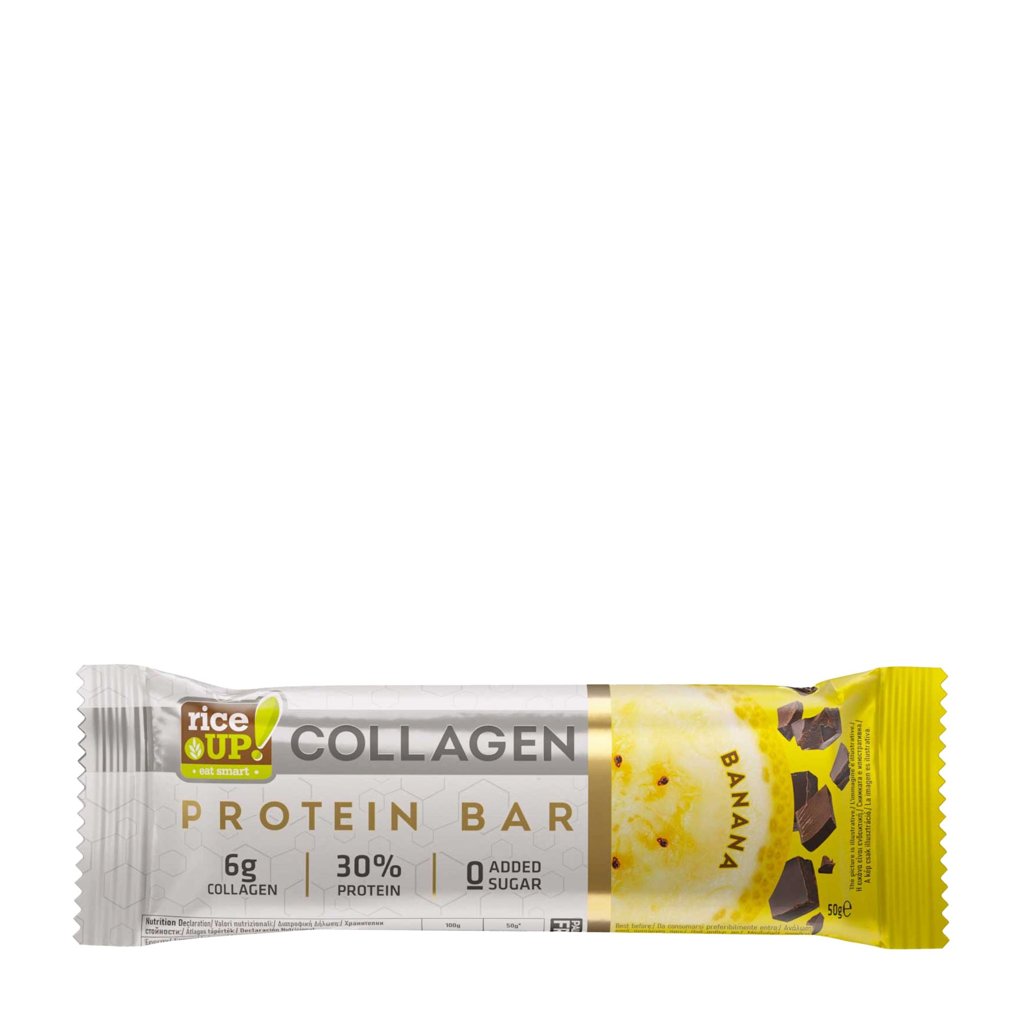 Rice Up! Banana flavored Collagen Protein Bar packaging on a white background.