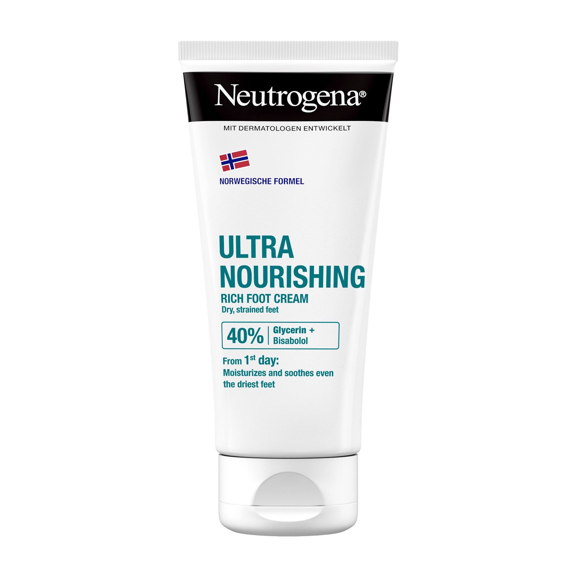 Neutrogena Ultra Nourishing Rich Foot Cream in a white tube with blue and green text, highlighting the product's moisturizing properties.