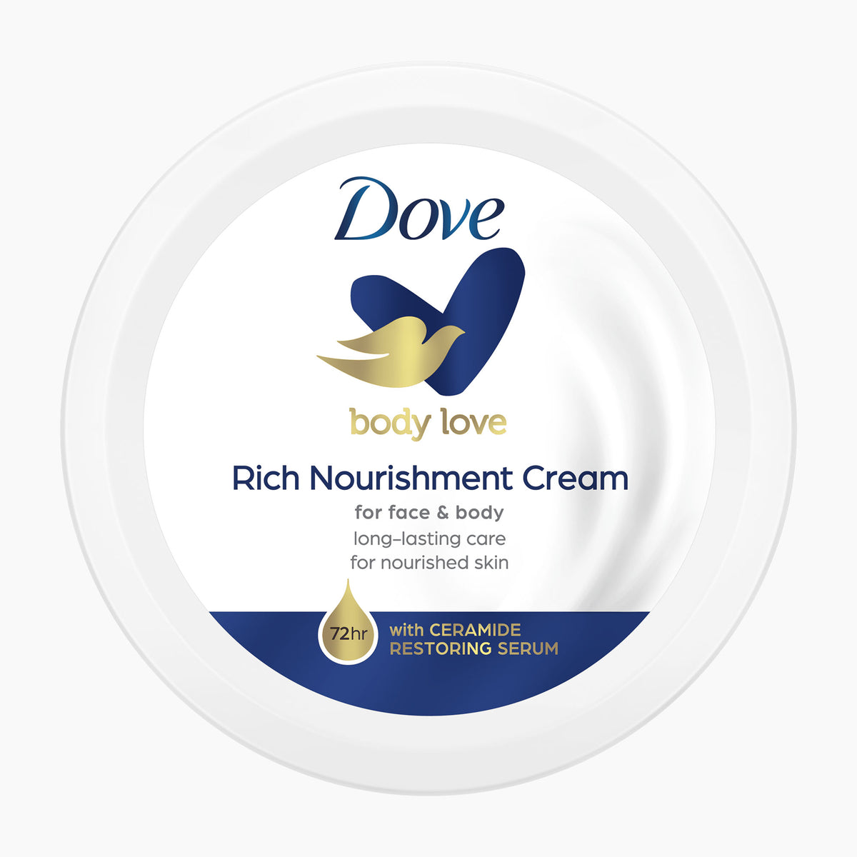 A jar of Dove Body Love Rich Nourishment Face & Body Cream with a white lid featuring blue and gold branding and text, shown on a light gray background.