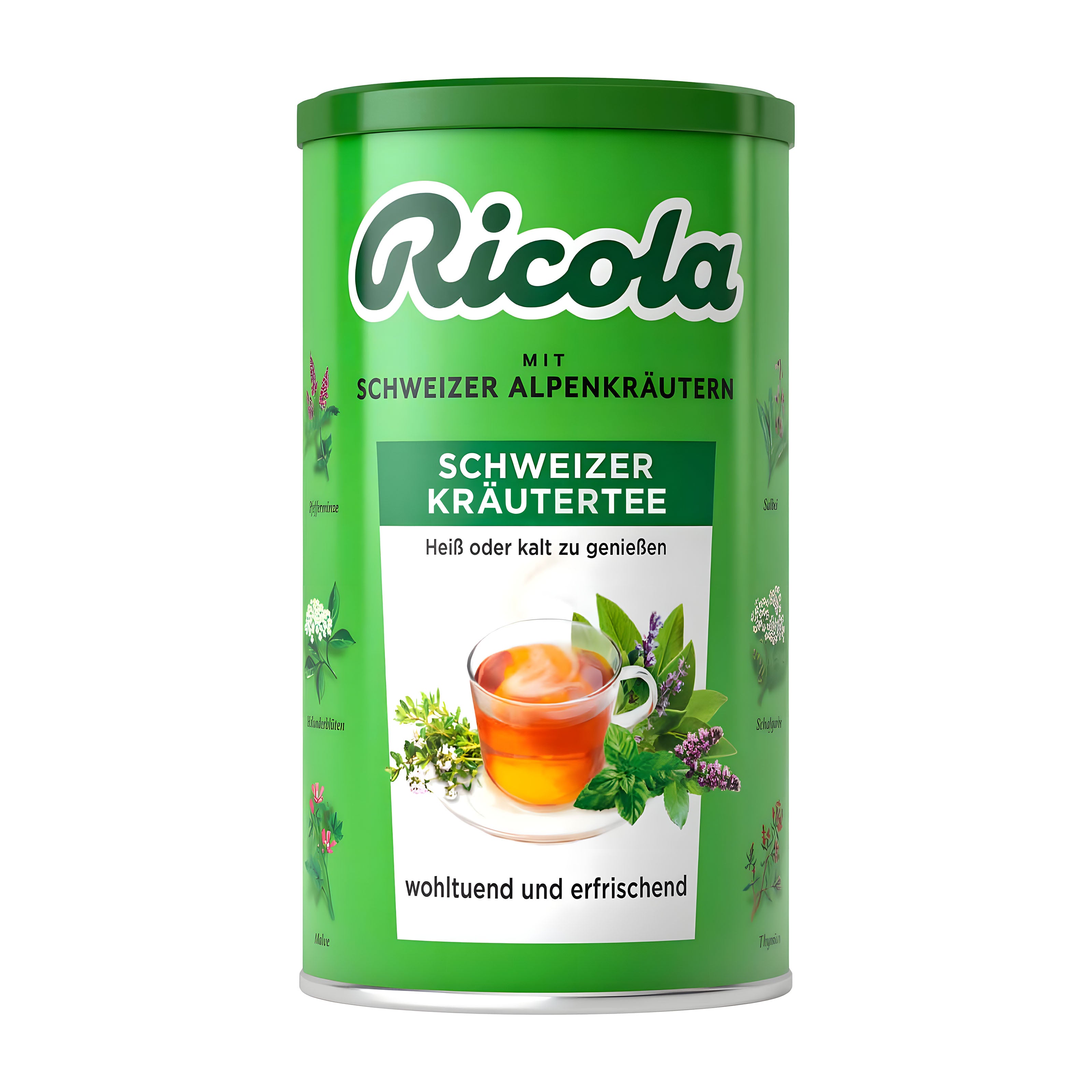 Green canister of Ricola Swiss Herbal Instant Tea on a white background