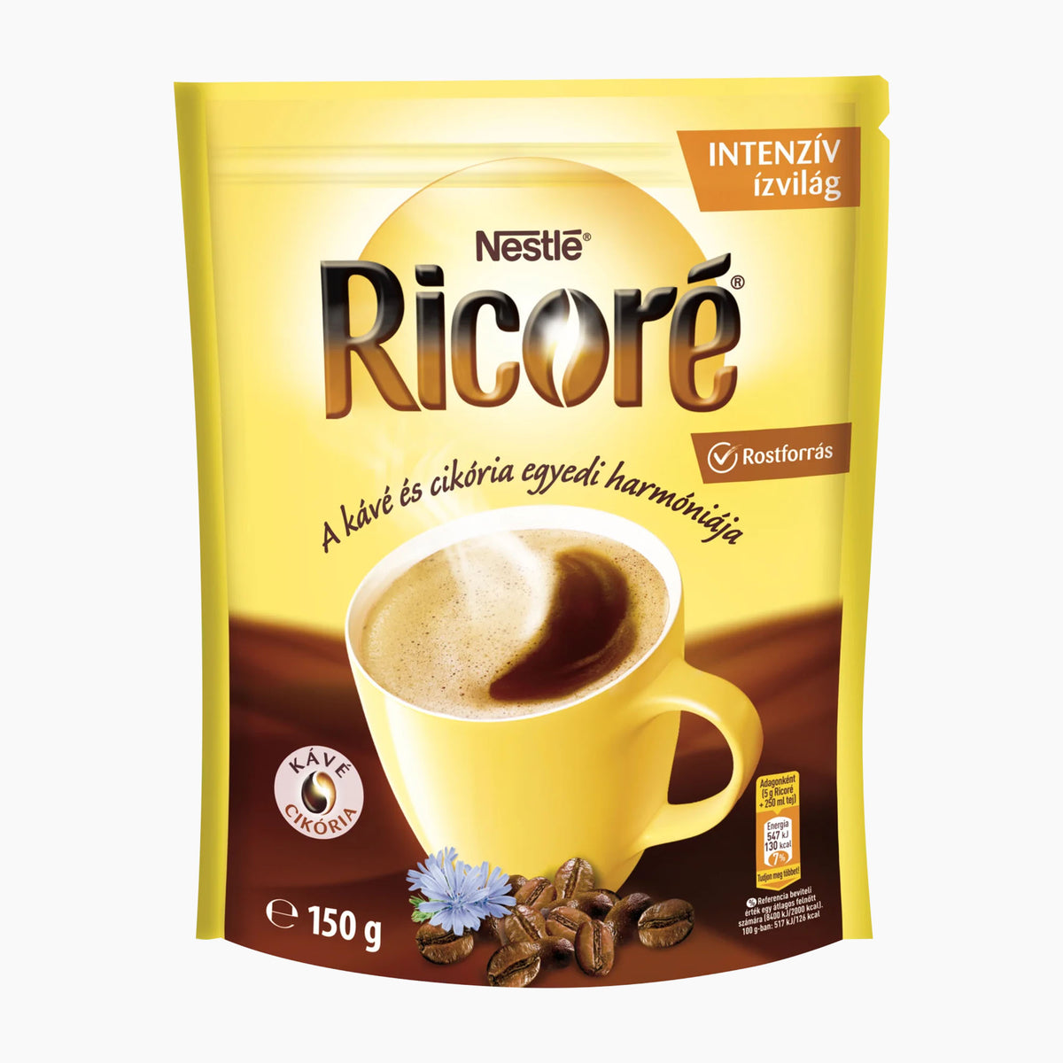 A 150 g package of Nestlé Ricoré Instant Coffee with Chicory, featuring a bright yellow and brown stand-up pouch with an illustration of a coffee cup, coffee beans, and a small flower on a white background.