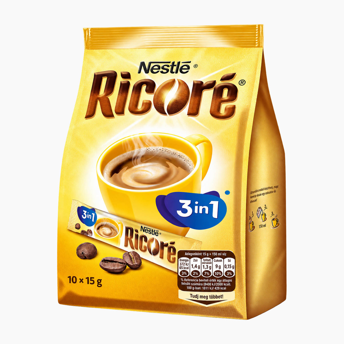 A yellow bag of Nestlé Ricoré 3-in-1 instant coffee, featuring a graphic of a steaming cup of coffee and coffee beans on a white background.