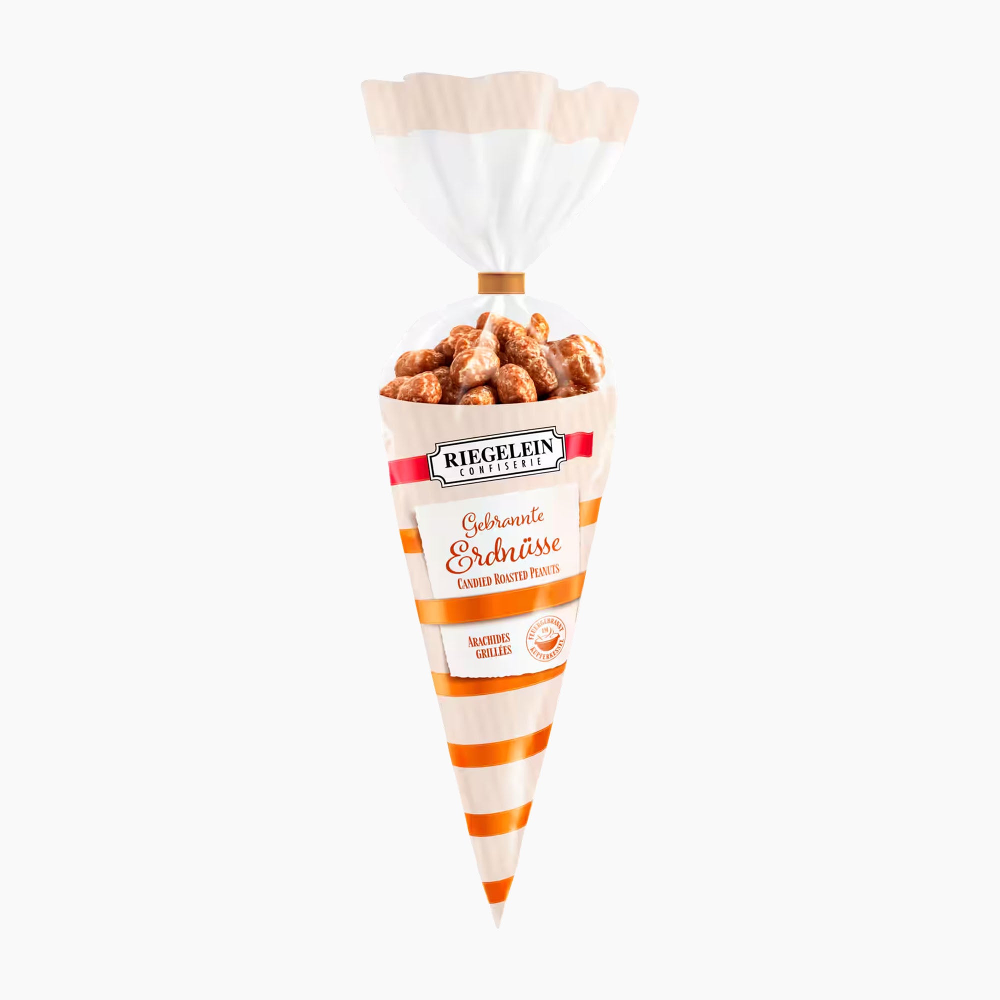 Riegelein Candied Roasted Peanuts in a cone-shaped packaging with orange and white stripes, on a white background.