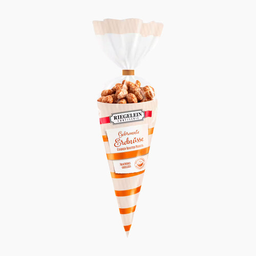 Riegelein Candied Roasted Peanuts in a cone-shaped packaging with orange and white stripes, on a white background.
