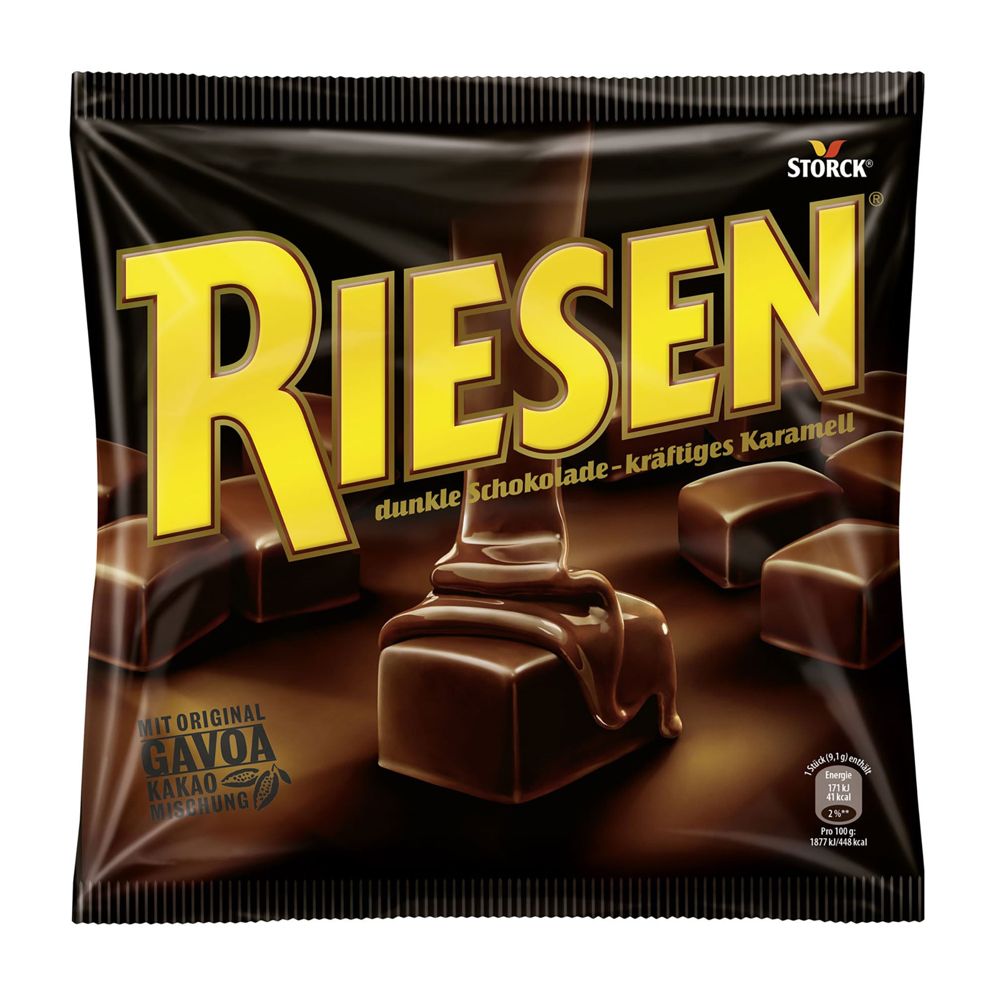Riesen Dark Chocolate Caramels candy packaging on a white background