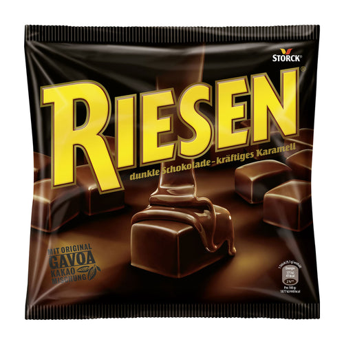Riesen Dark Chocolate Caramels candy packaging on a white background