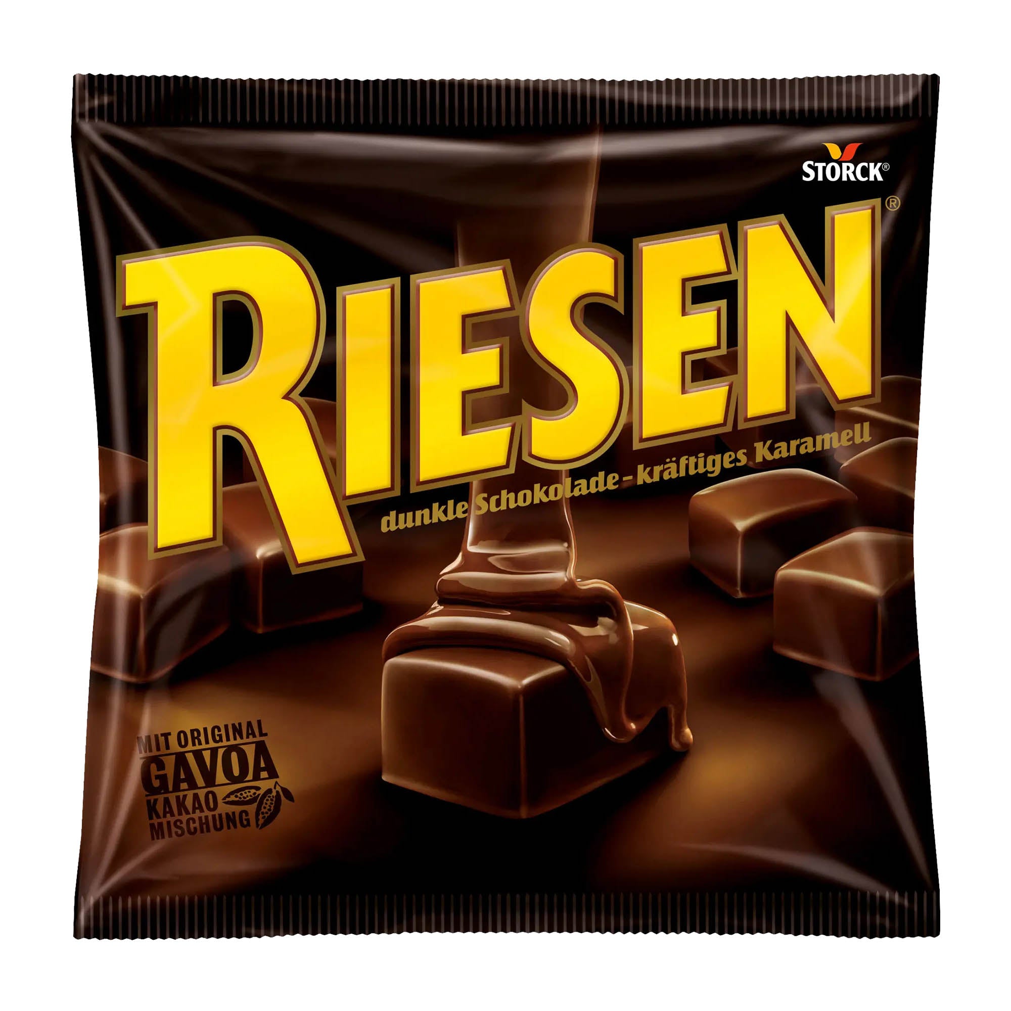 Dark brown packaging of Storck Riesen dark chocolate caramel chewy candy, 105g, on a white background.