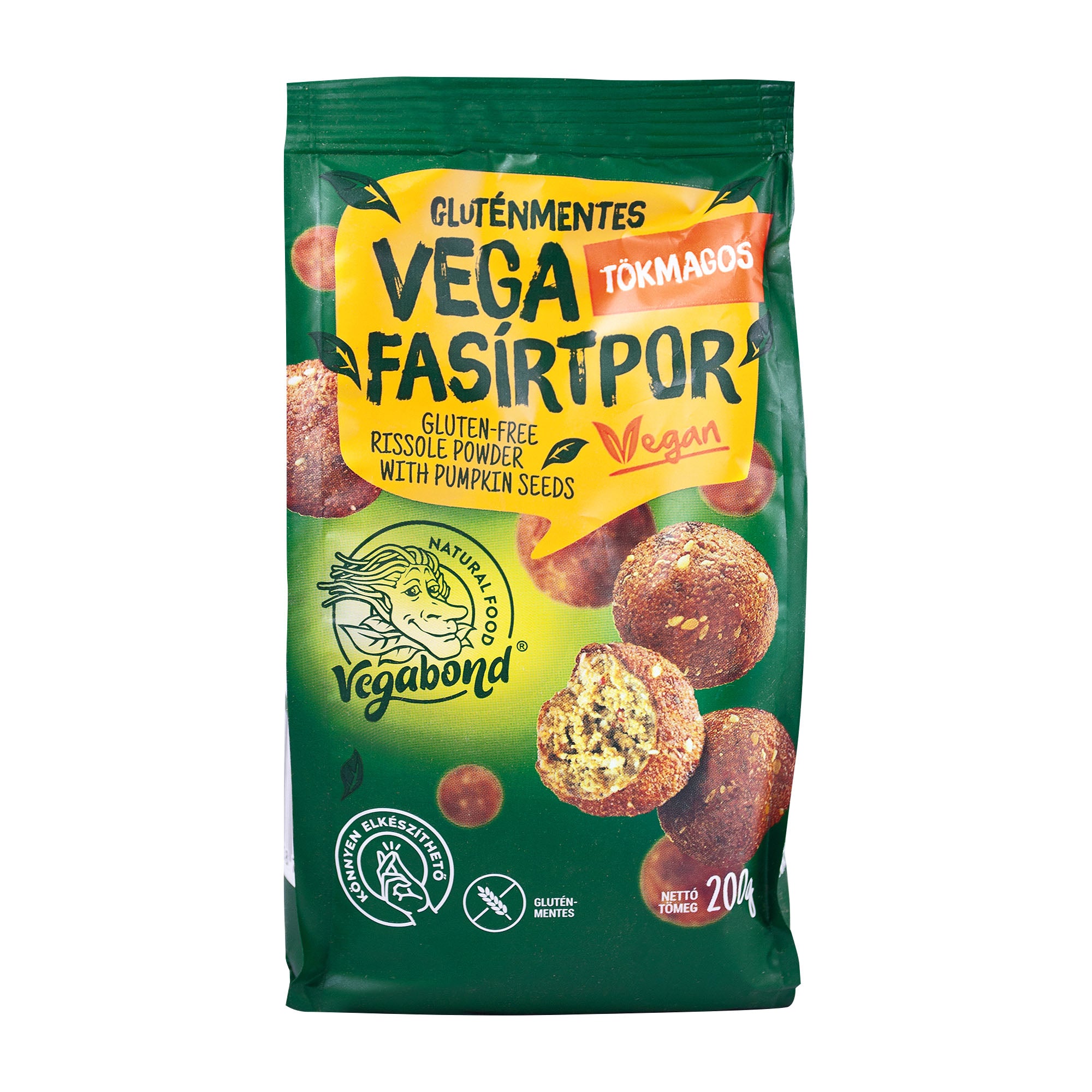 Vegabond rissole powder pumpkin seeds package with green and yellow design on a white background