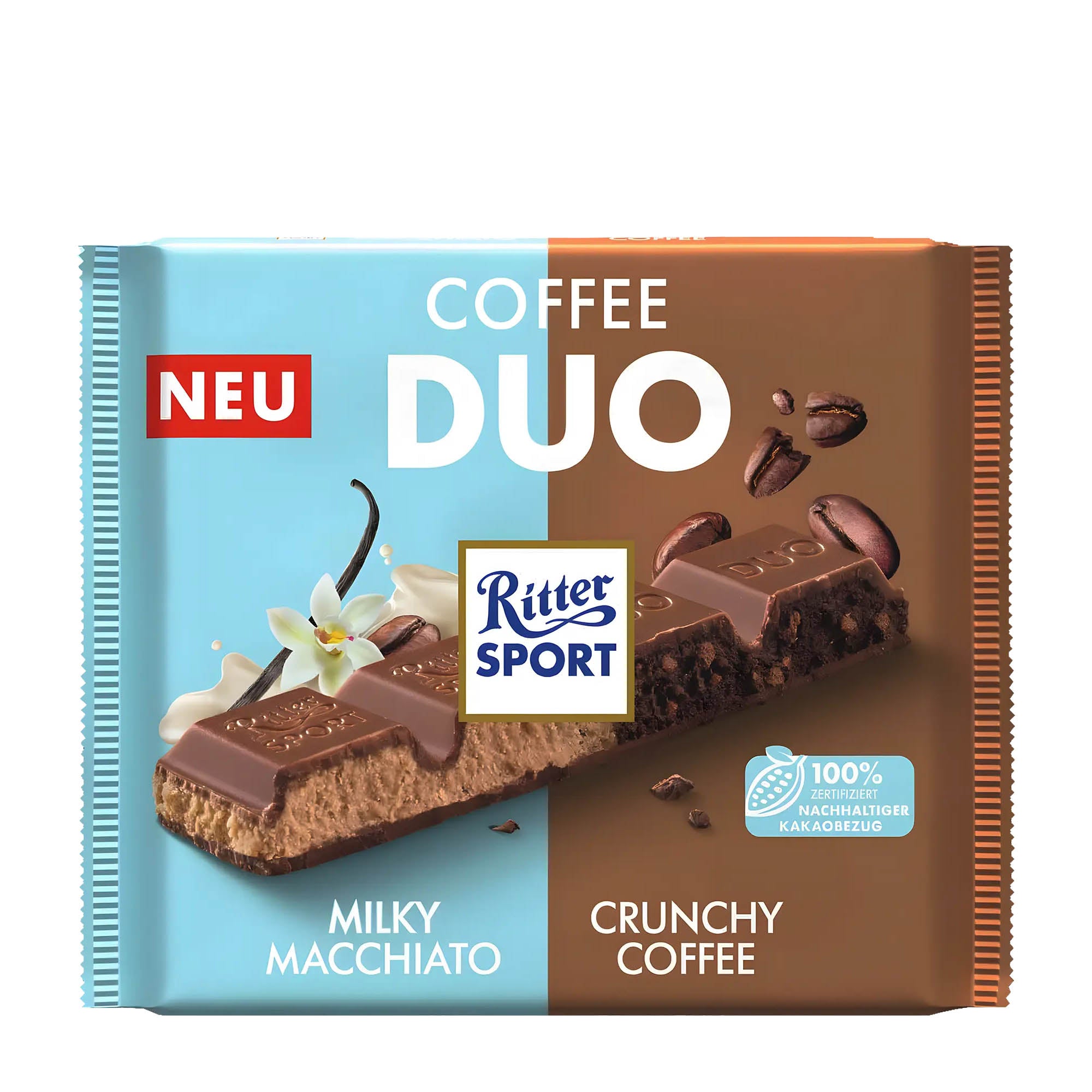 Packaging of Ritter Sport DUO Coffee milk chocolate bar, showing the bar with both coffee cream and rice flakes on one side, and cocoa cream with caramelized coffee bean pieces on the other side.