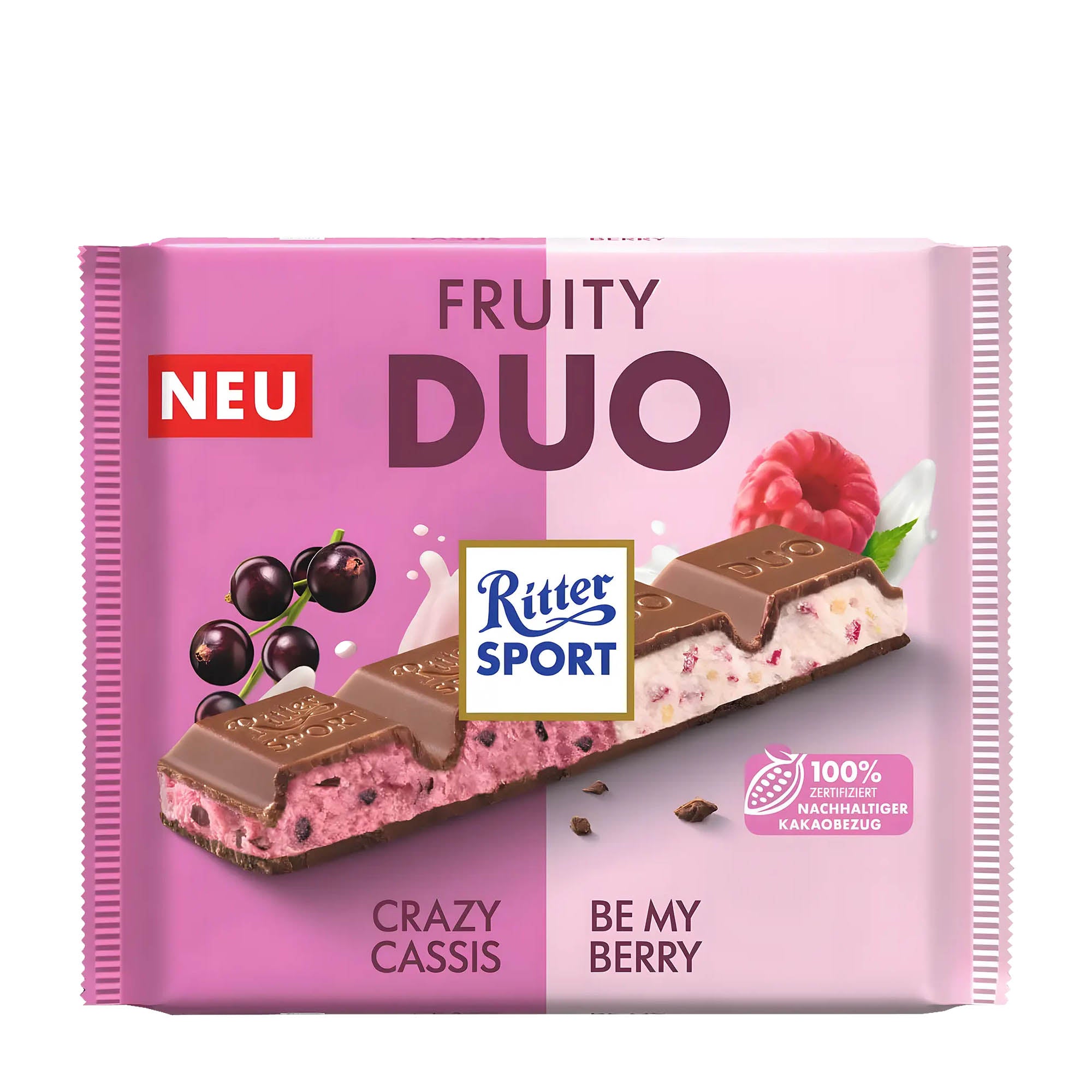 Packaging of Ritter Sport DUO Fruity milk chocolate bar, showing the bar with blackcurrant and raspberry filling, and the terms 'Fruity Duo' and 'Crazy Cassis Be My Berry'.