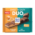 Packaging of Ritter Sport DUO Sweet'n Salty milk chocolate bar showing the bar with both sweet brownie cocoa cream and salty caramel cream with salted biscuit pieces.