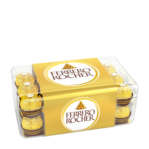 Box of Ferrero Rocher pralines on a white background