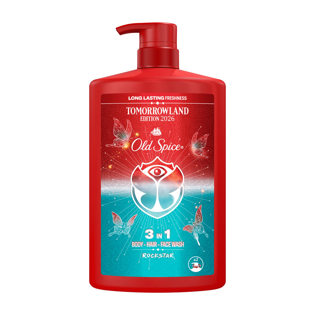 Red bottle of Old Spice Rockstar 3-in-1 body wash with Tomorrowland design on a white background
