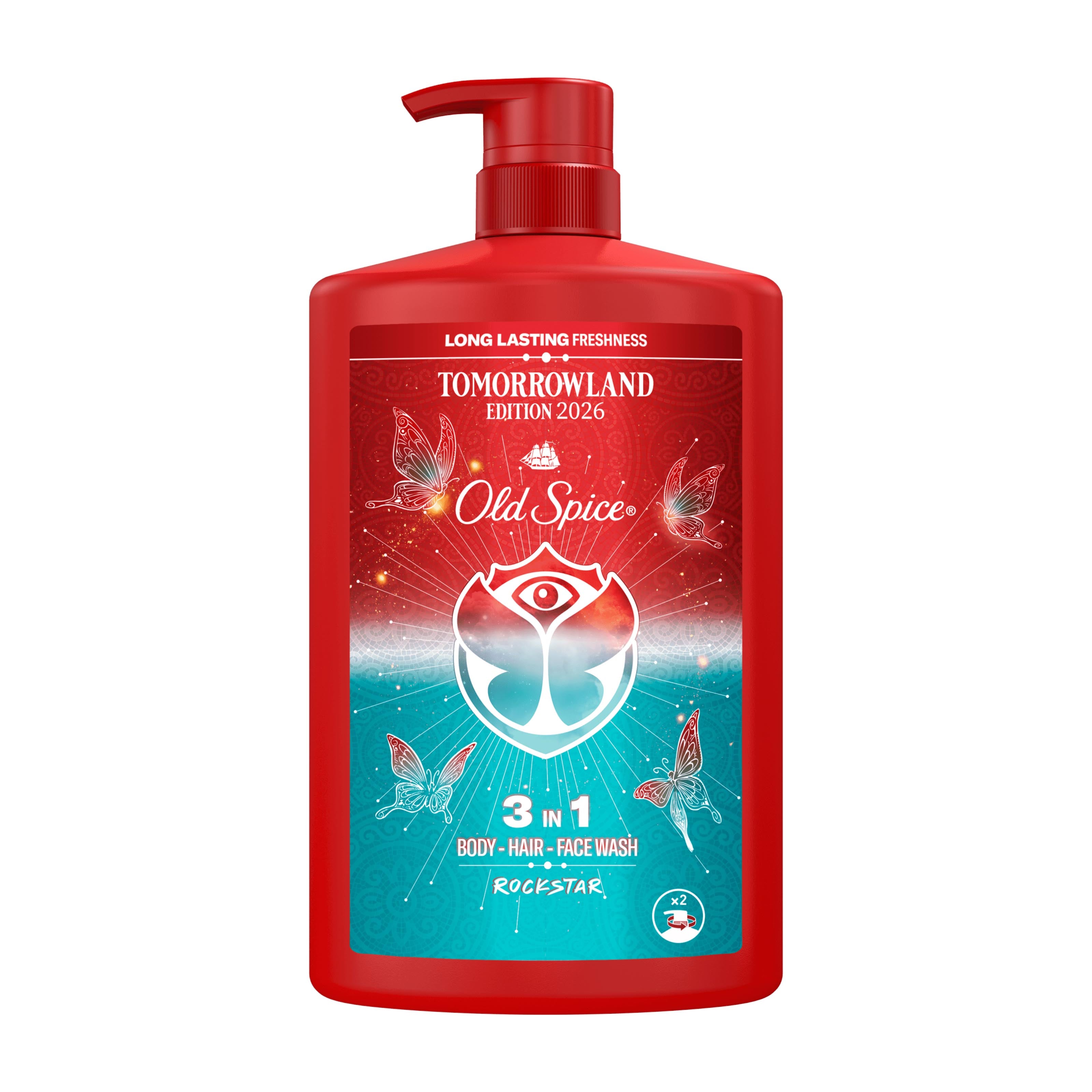 Red bottle of Old Spice Rockstar 3-in-1 body wash with Tomorrowland design on a white background