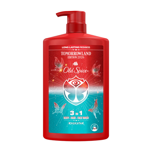 Red bottle of Old Spice Rockstar 3-in-1 body wash with Tomorrowland design on a white background