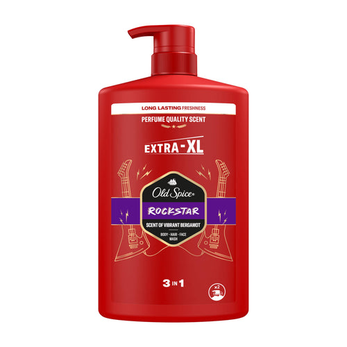 Red bottle of Old Spice Rockstar body wash on a white background