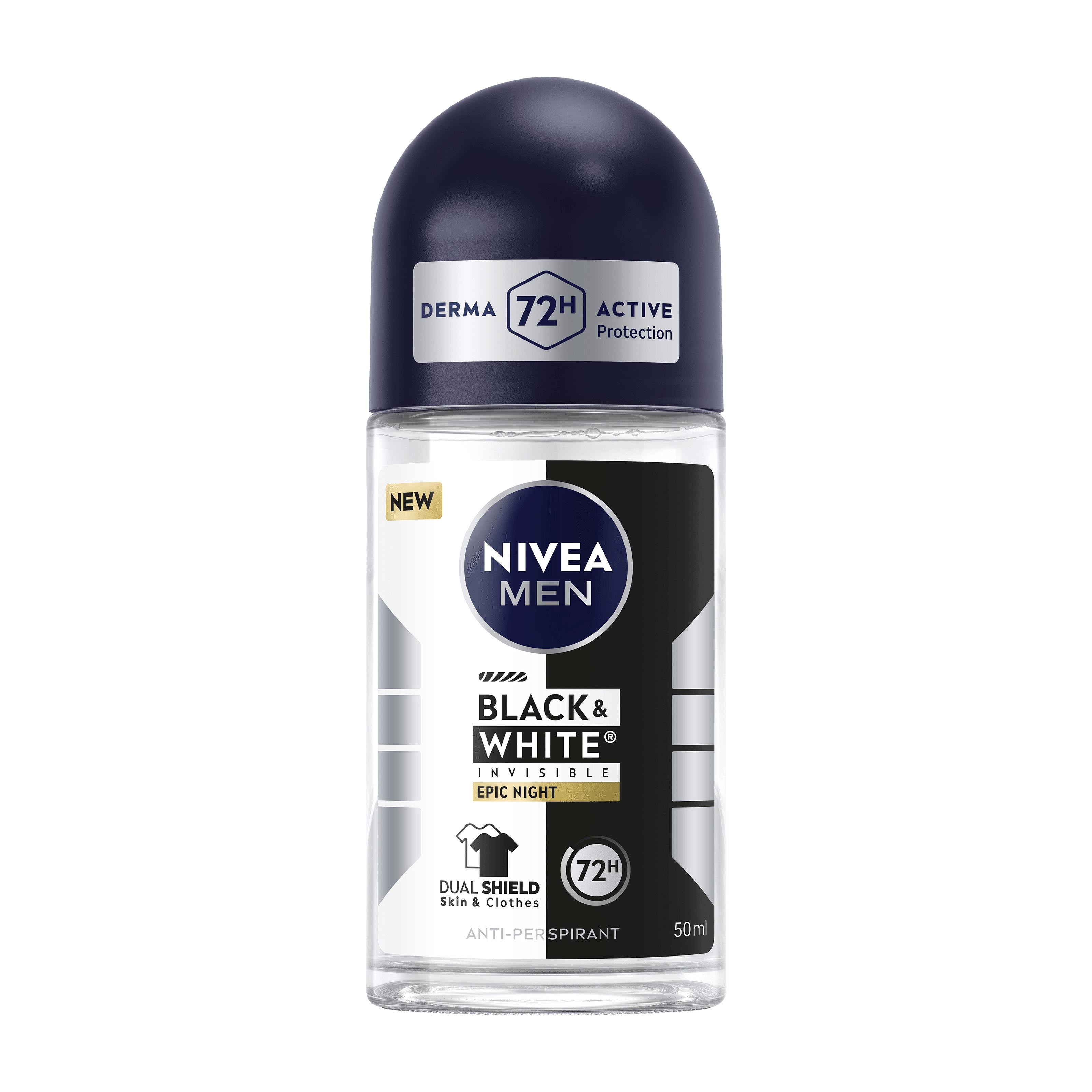 Nivea Men Black & White Epic Night Antiperspirant Roll-On on a white background.