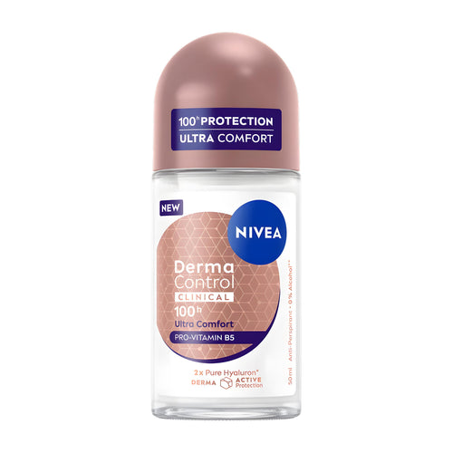 Nivea Derma Control Clinical Ultra Comfort antiperspirant roll-on bottle on a white background